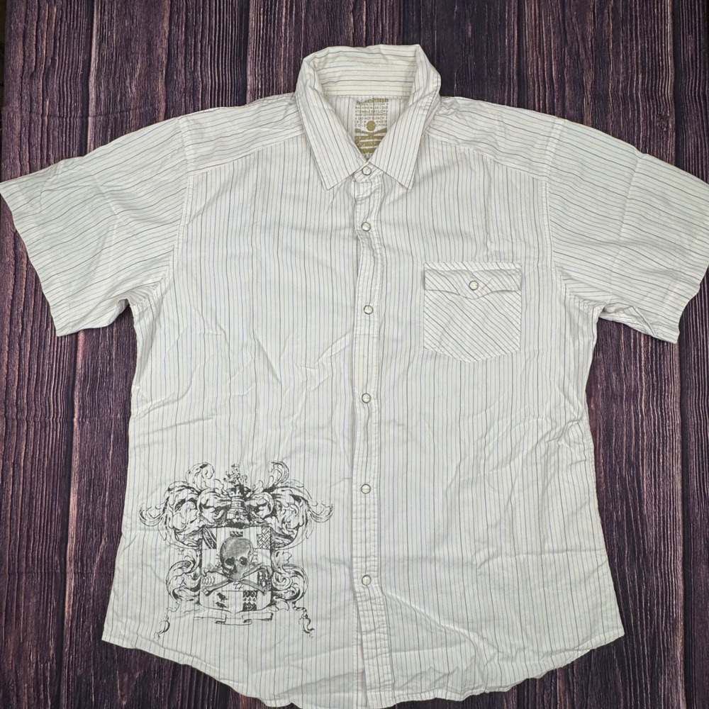 Machine Button Down Large Cotton Pinstripe Skull Crest Streetwear Skate Shirt